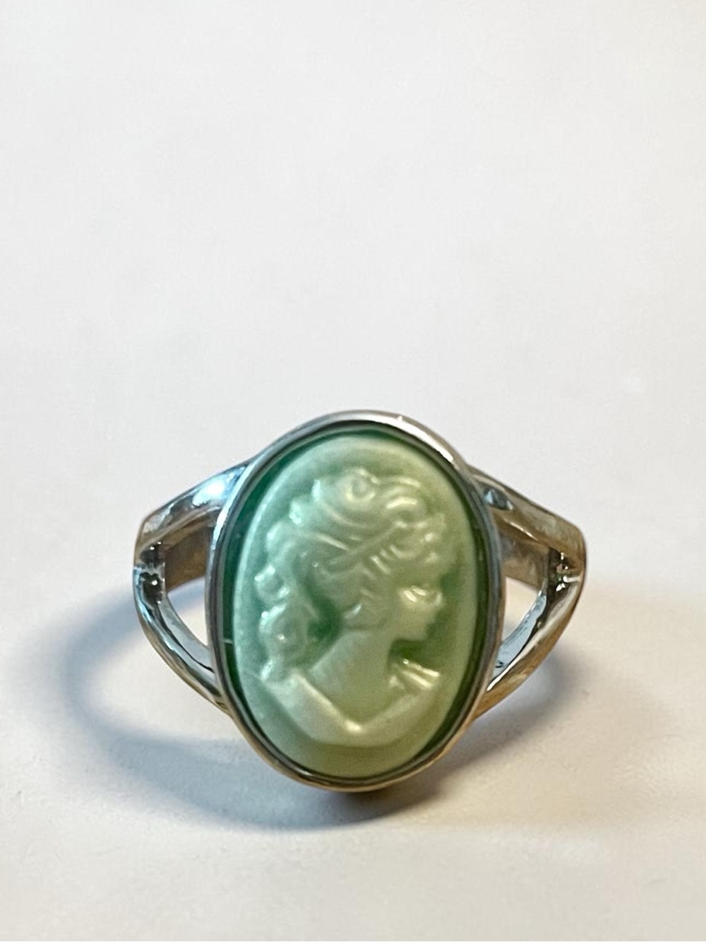 Vintage Style Green Cameo Silver Ring Size 6.5